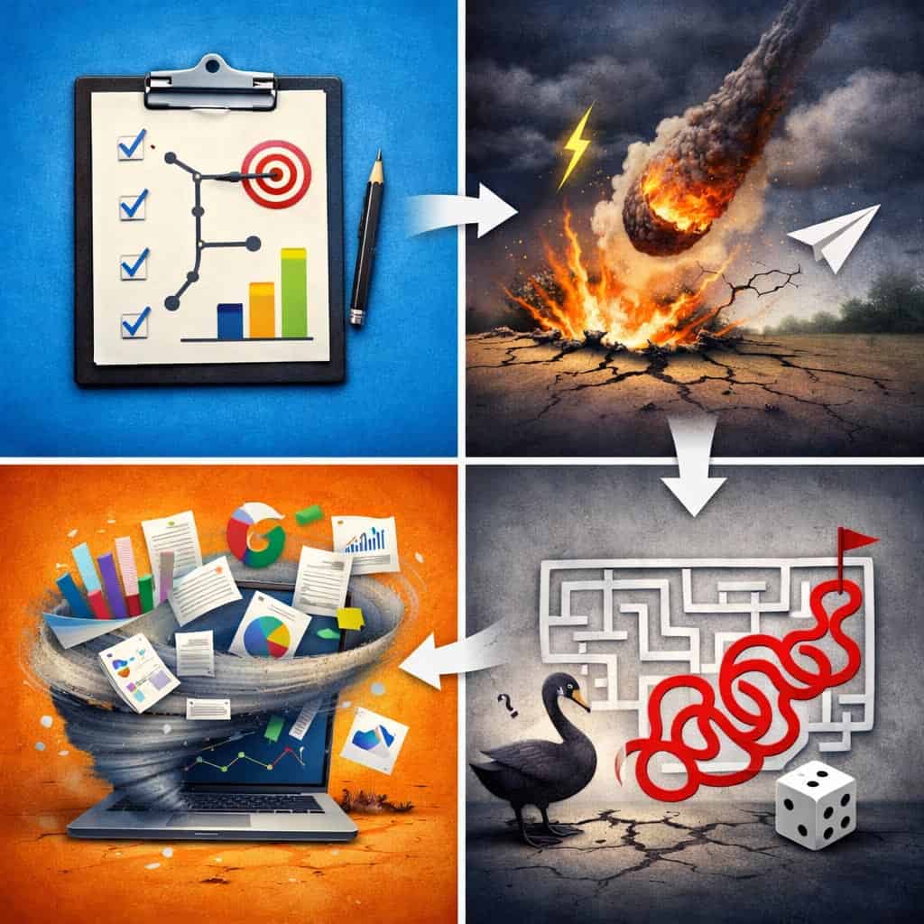 Infografik zur Marketingplanung im B2B: Ein strukturierter Plan trifft auf unvorhersehbare Ereignisse (Black Swan), Datenüberlastung und komplexe Entscheidungswege, die klassische Strategien scheitern lassen und Anpassungsfähigkeit erfordern.