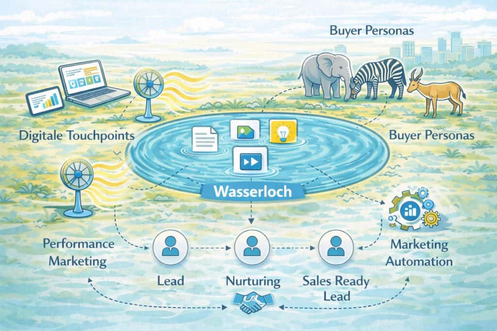 Infografik zur Wasserloch-Strategie im B2B-Marketing: Digitale Touchpoints, Content, Buyer Personas, Performance Marketing und Marketing Automation entwickeln Leads zu Sales Ready Leads.