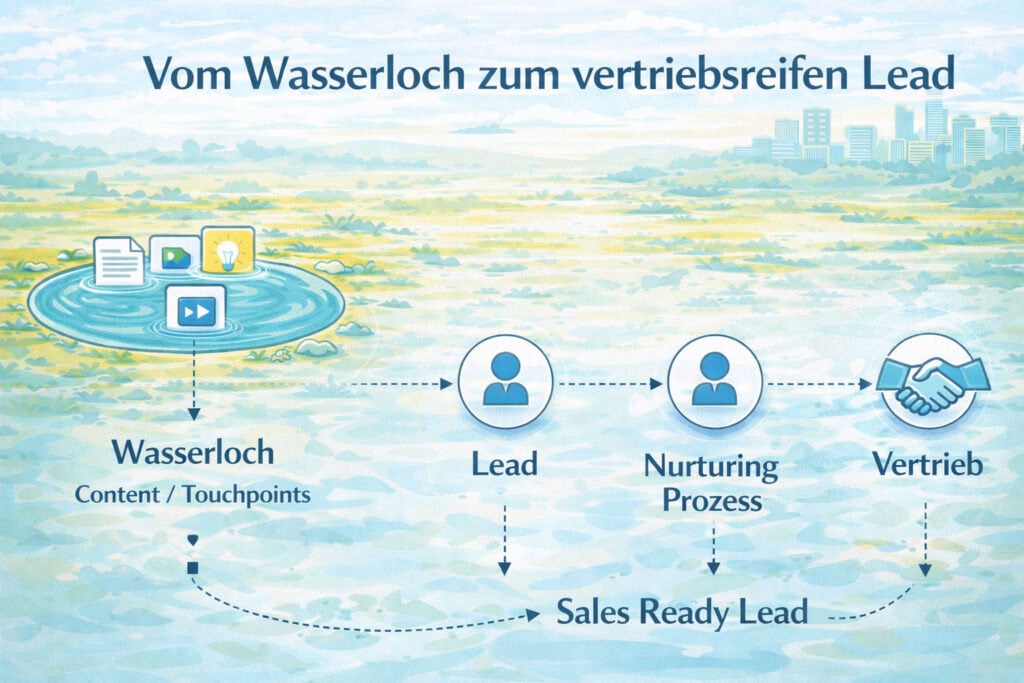 Prozess der Wasserloch-Strategie im B2B: Von Content-Touchpoints im Wasserloch über Lead Nurturing zum vertriebsreifen Lead für den Vertrieb.