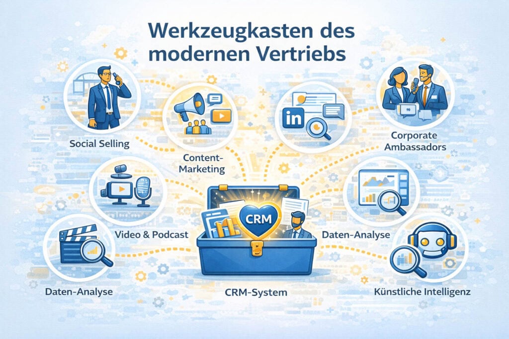 Infografik Werkzeugkasten des modernen Vertriebs mit CRM Social Selling Content Marketing Video Podcast Datenanalyse und künstlicher Intelligenz