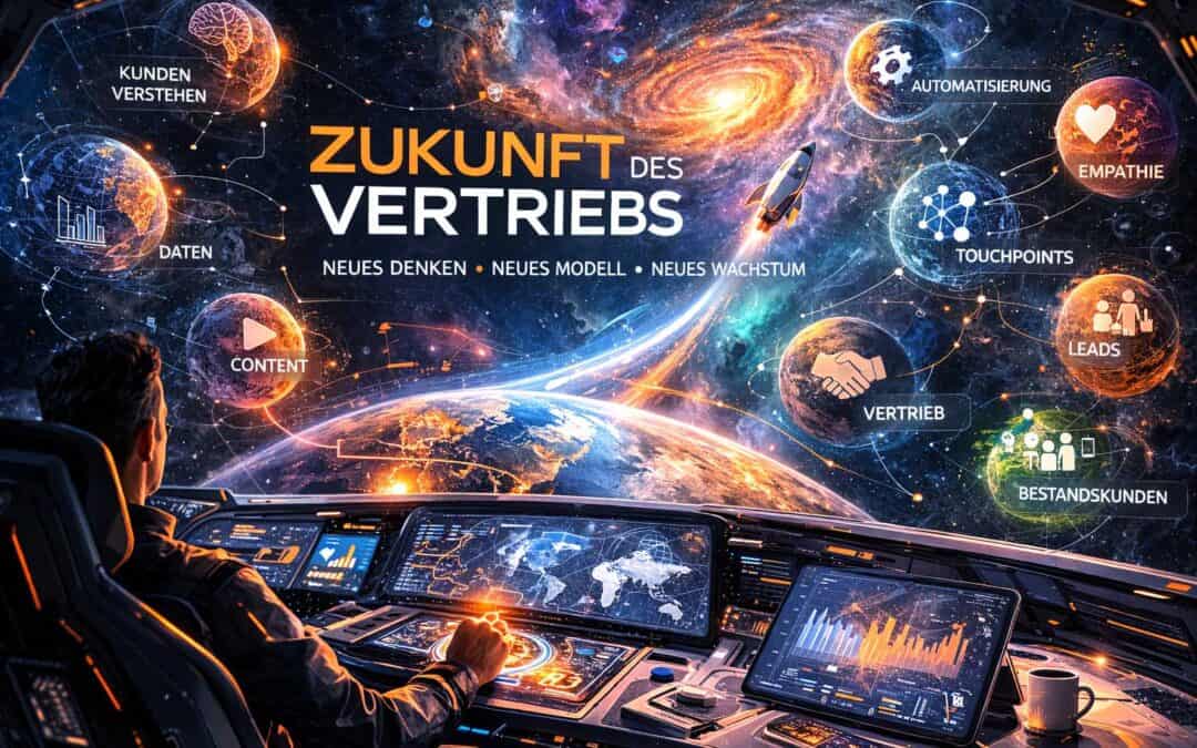 Zukunft des Vertriebs – ein Raumschiff steuert in eine neue Galaxie der digitalen Vertriebsstrategie mit Marketing, Daten, Content, Automation und CRM