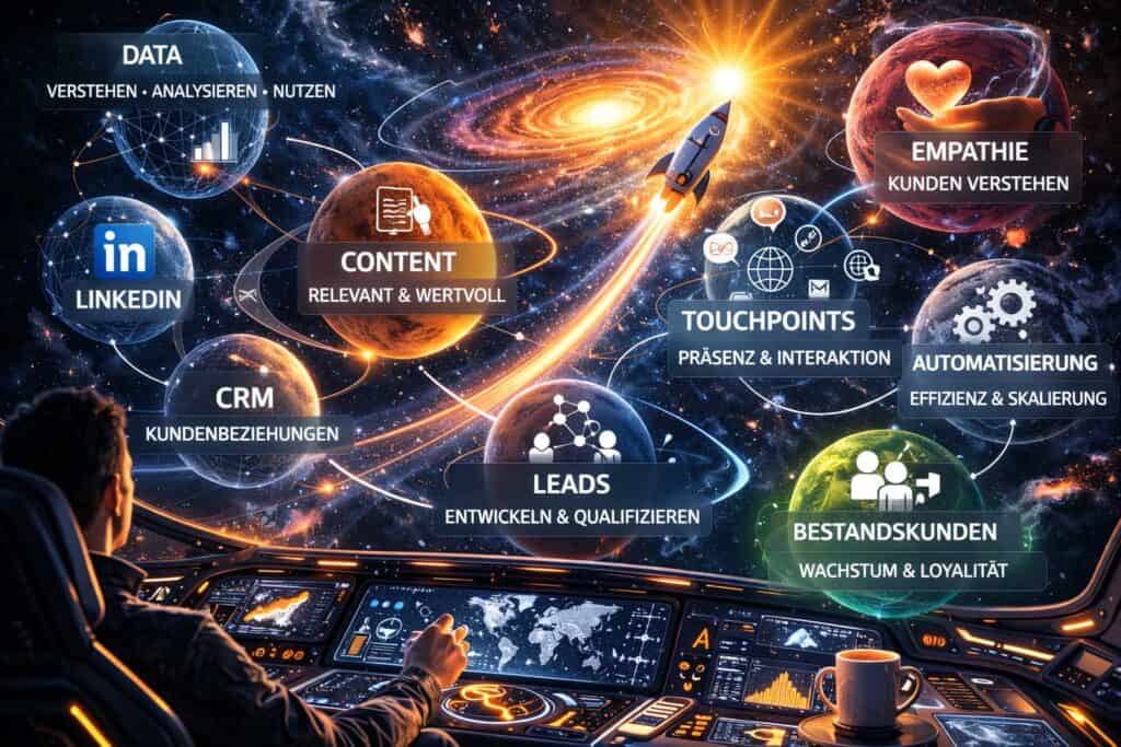 Sales Galaxy: Visualisierung des modernen B2B-Vertriebs mit Daten, Content, Touchpoints, CRM, Automation, Leads und Bestandskunden.