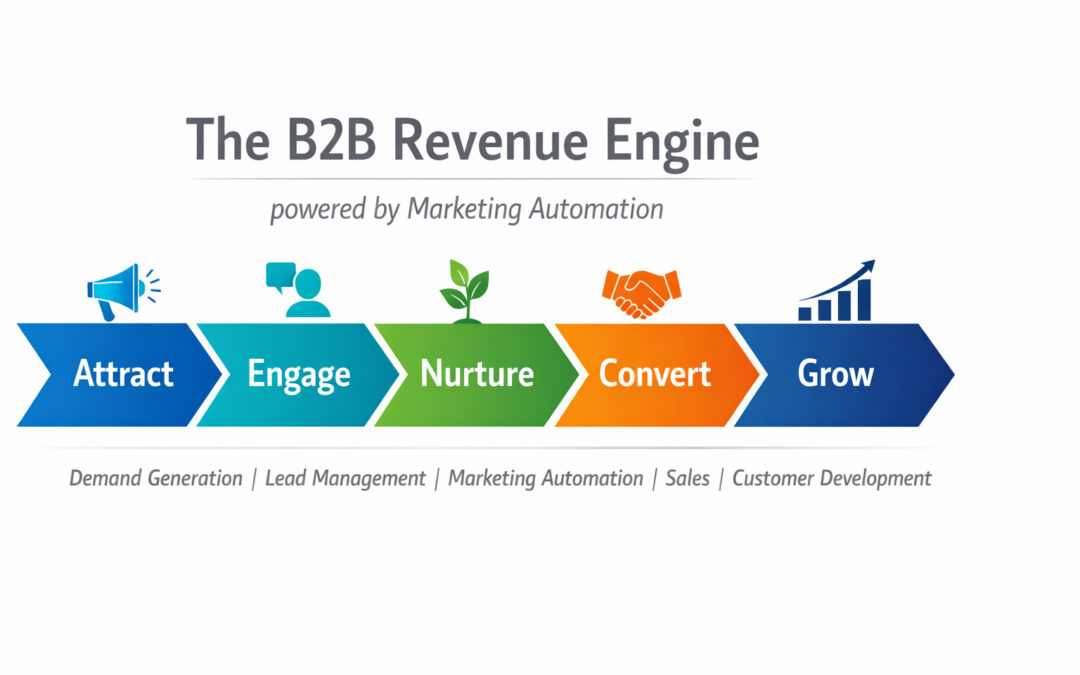 B2B Revenue Engine Framework: Attract, Engage, Nurture, Convert, Grow – Marketing Automation verbindet Marketing, Vertrieb und Kundenentwicklung.