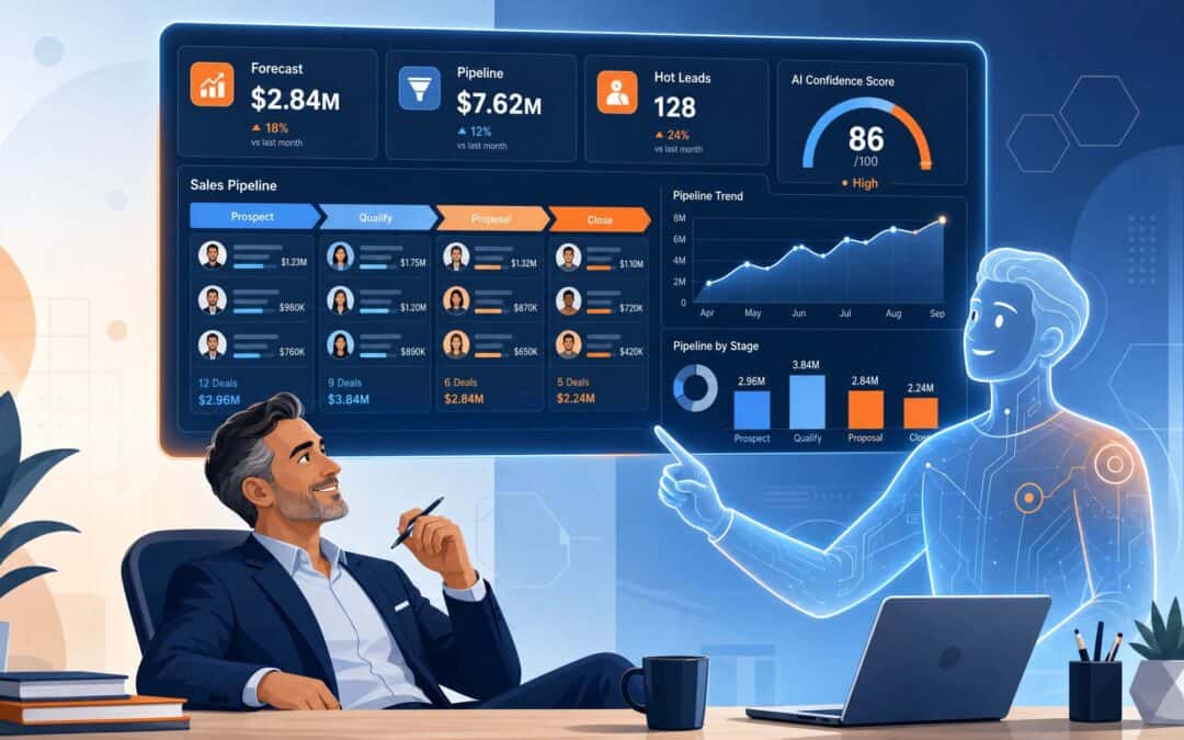 Illustration eines Vertriebsleiters, der gemeinsam mit einem KI-Avatar auf ein Sales-Dashboard blickt.