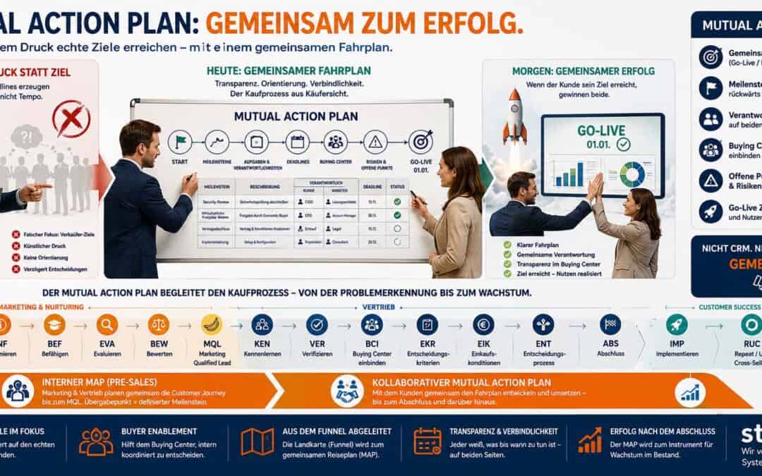 Illustration eines Mutual Action Plans im B2B mit gemeinsamem Fahrplan, Meilensteinen, Verantwortlichkeiten und dem Übergang vom Nurturing über Vertrieb bis zum Customer Success.