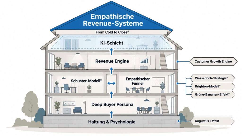 Infografik zum Aufbau empathischer Revenue-Systeme von Norbert Schuster: Von Haltung und Psychologie über Deep Buyer Persona, Schuster-Modell® und Empathischen Funnel bis zur Revenue Engine und KI.