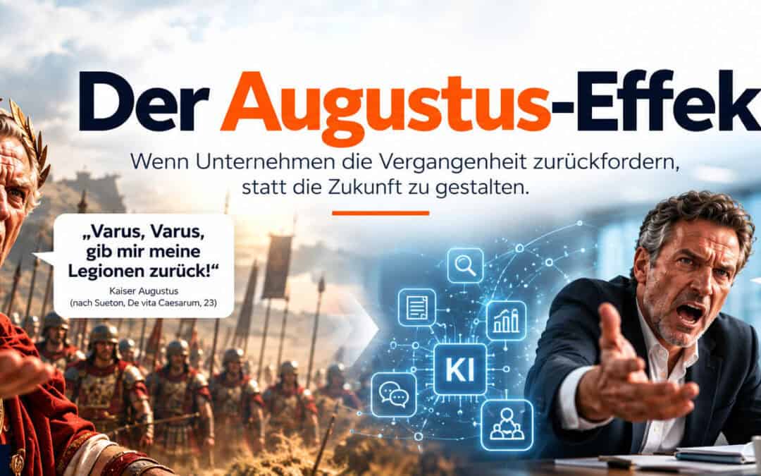 Der Augustus-Effekt: Kaiser Augustus und ein moderner Geschäftsführer fordern ihre verlorenen Legionen beziehungsweise Leads zurück. KI-generierte Illustration.