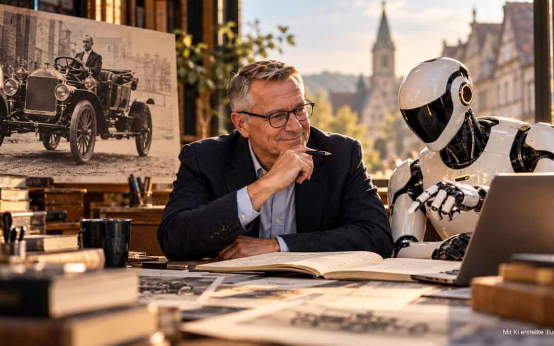 Mann arbeitet gemeinsam mit einem KI-Roboter an Fachinhalten. Das Bild symbolisiert KI-Kompetenz und die Zusammenarbeit von Mensch und künstlicher Intelligenz.